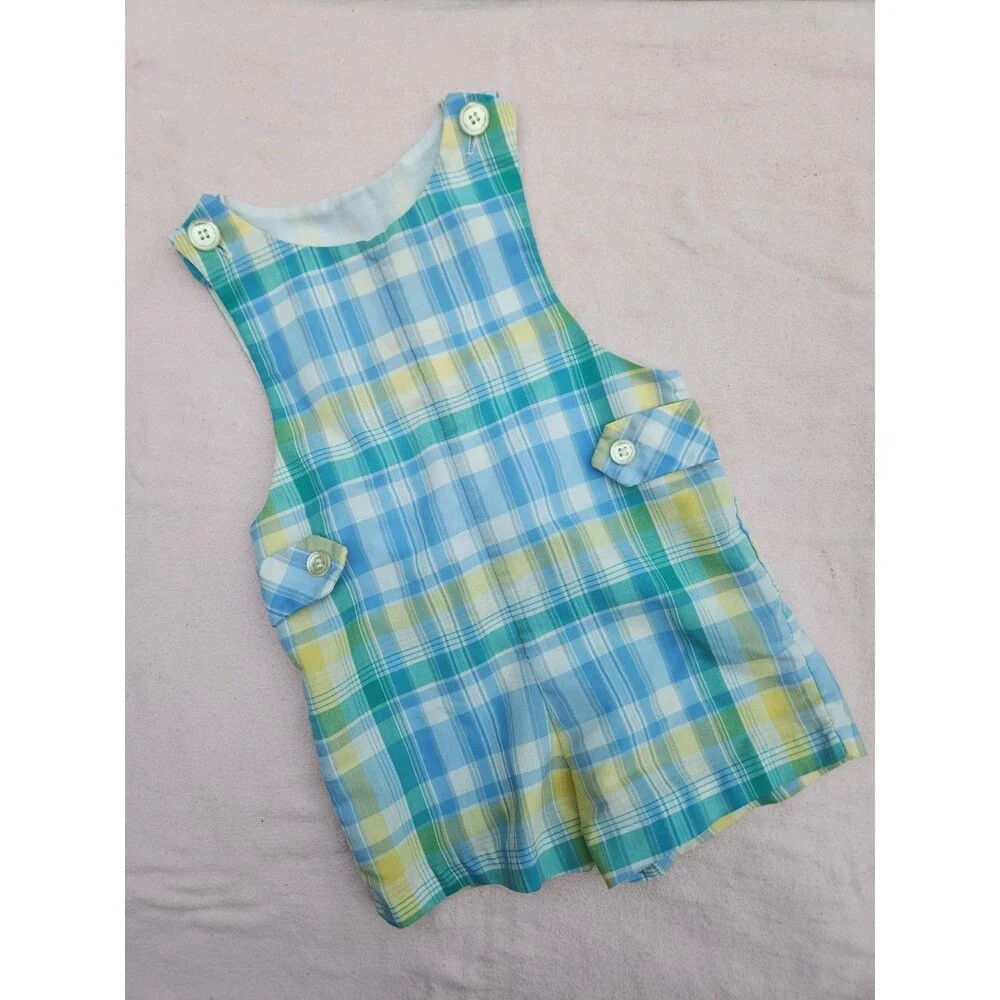 VTG Design by Goodlad Plaid Jon Jon Shortall Romper Baby Boy 3T Blue Green USA